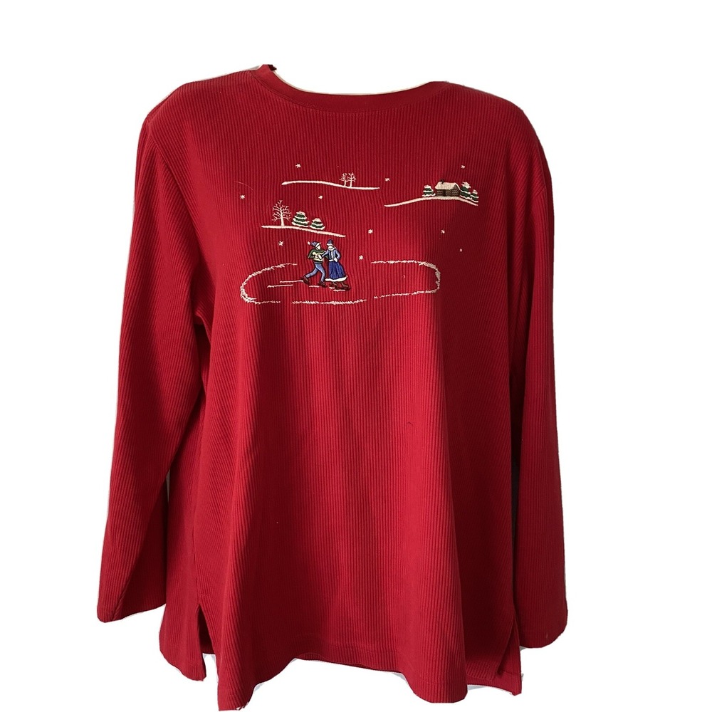Vintage Links Christmas Shirt Women M Red Winter Scene USA 90s Y2K Cottagecore